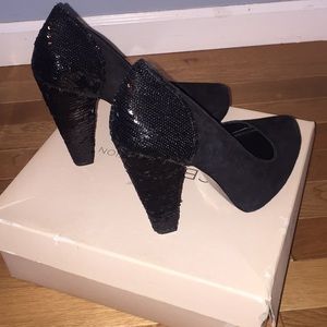 Sequin heeled black suede heels